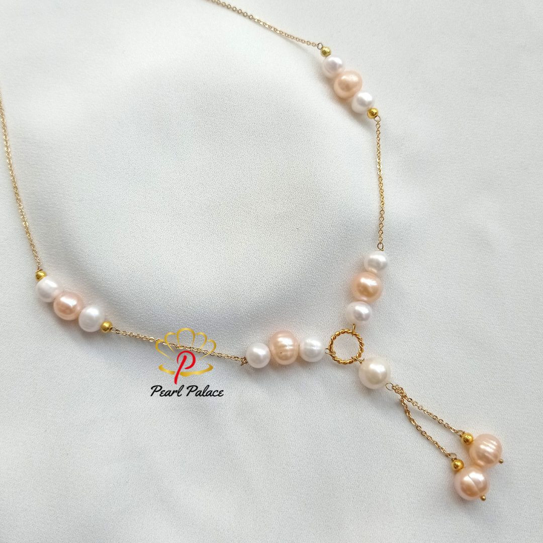 14k Gold plated  Necklace with Light Pink and White Freshwater Pearls