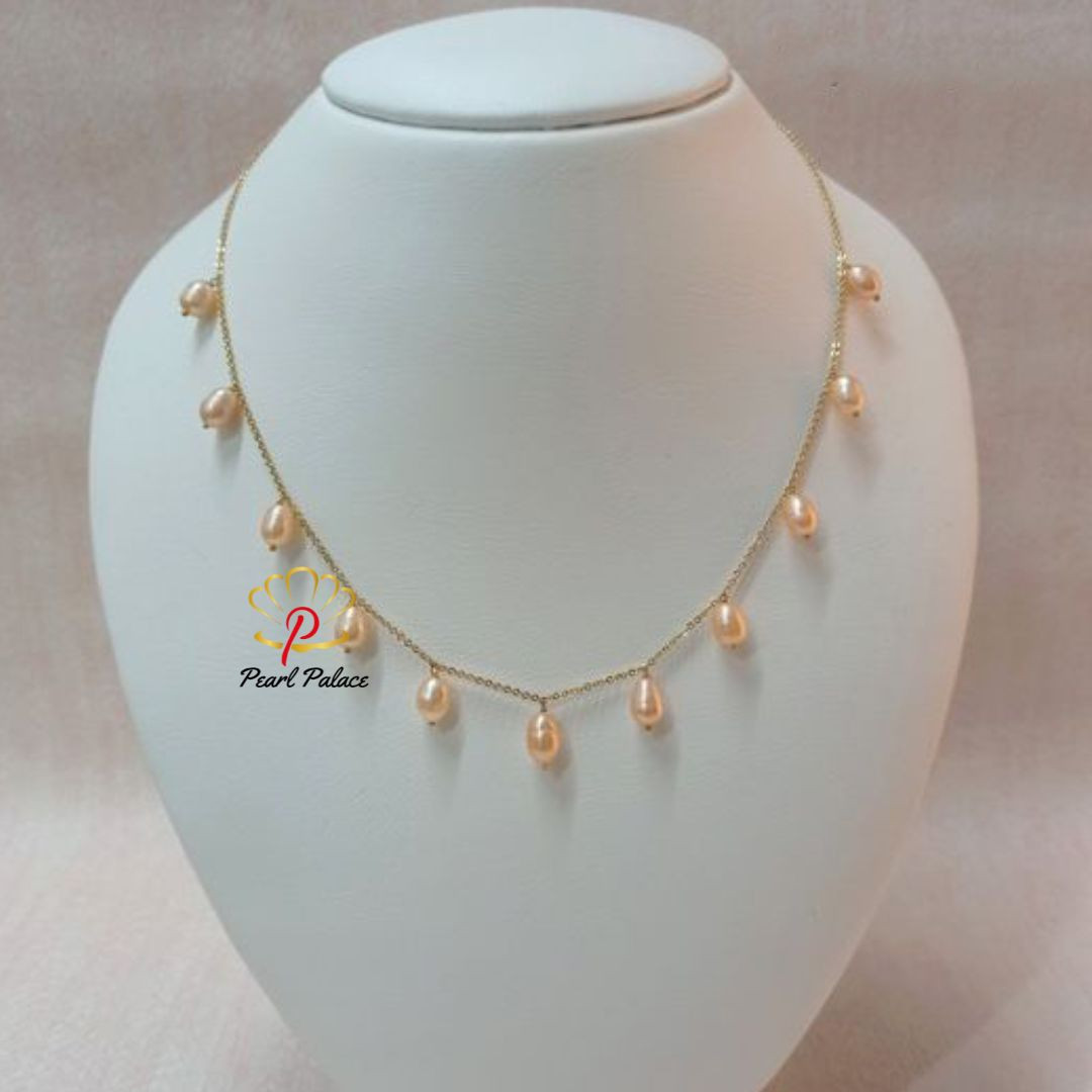 18K Gold Plated Handmade Pink Pearl Freshwater Pearl Chain Link Necklace
