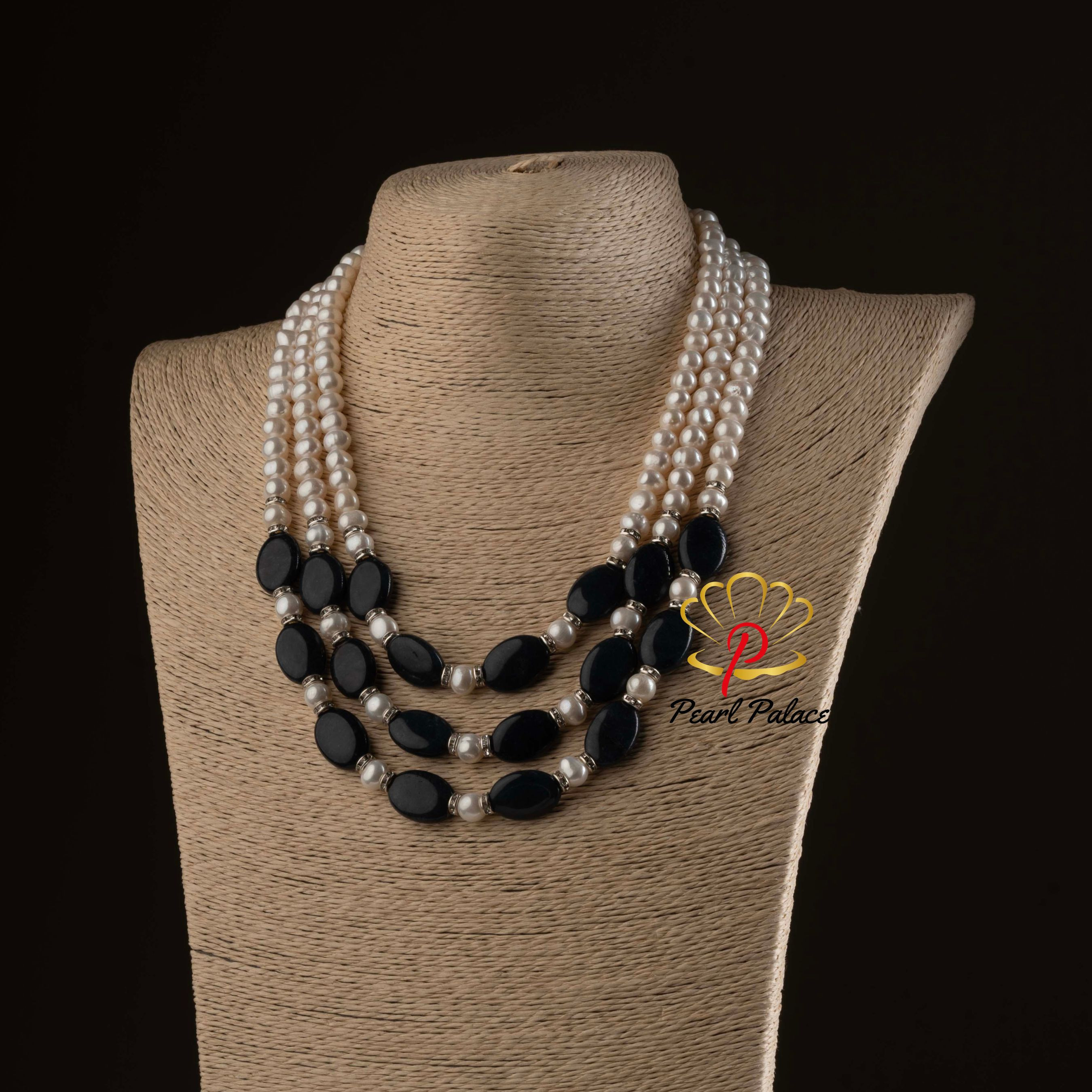 Elegant Freshwater Pearl & Sapphire Stone 3Layer Necklace with Earrings