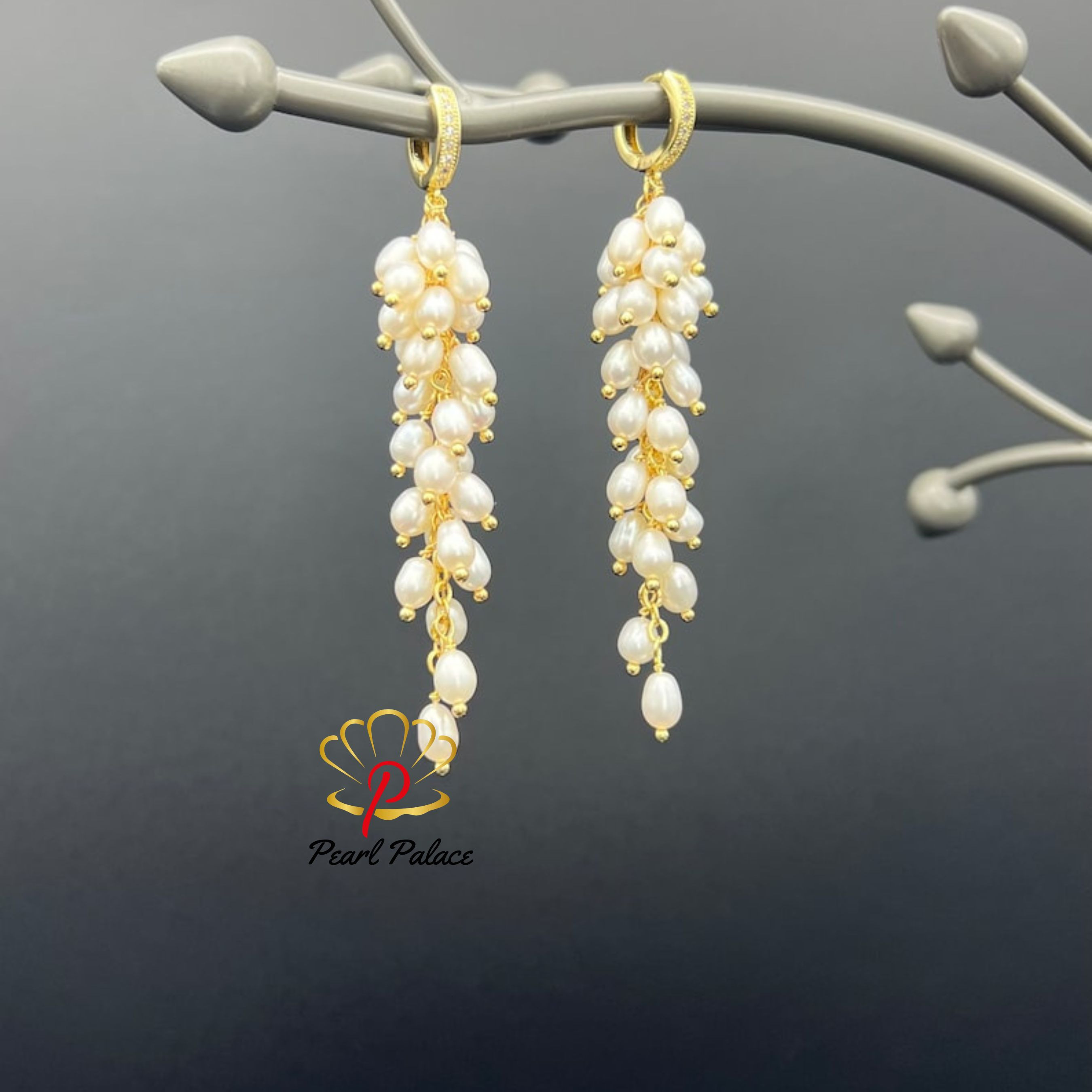 Gold-Plated Cluster Earrings with Natural White Freshwater Pearls