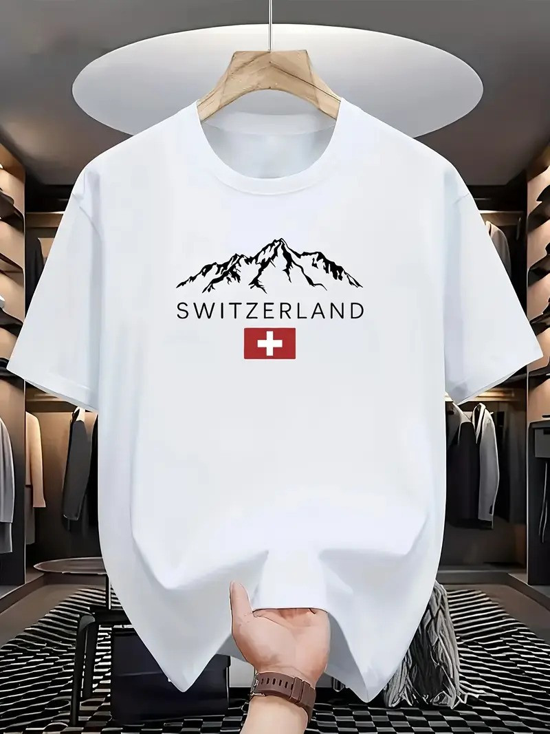 Drop Shoulder Print T-Shirt - Switzerland - White