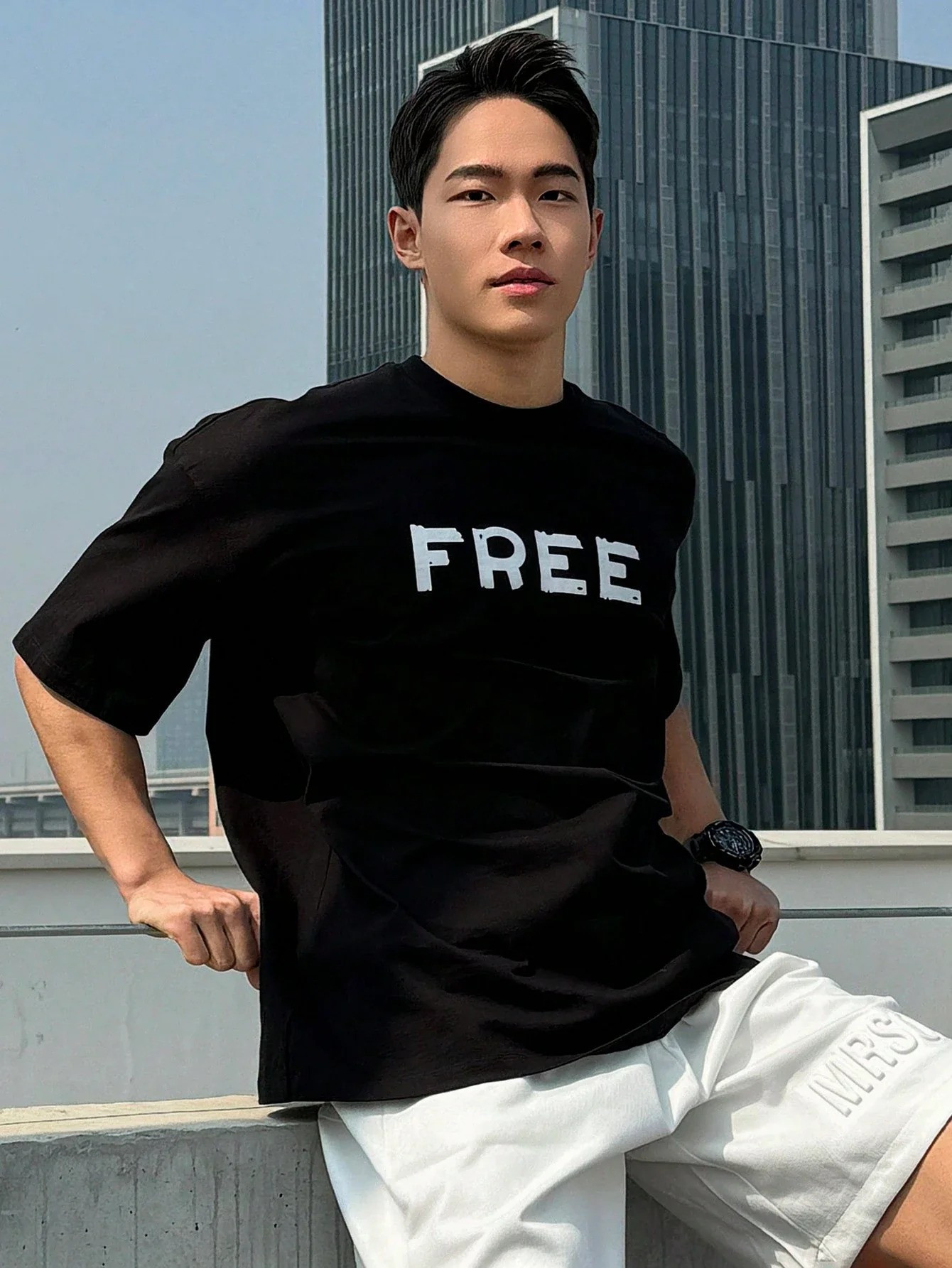 Drop Shoulder Print T-Shirt - FREE Design - Black