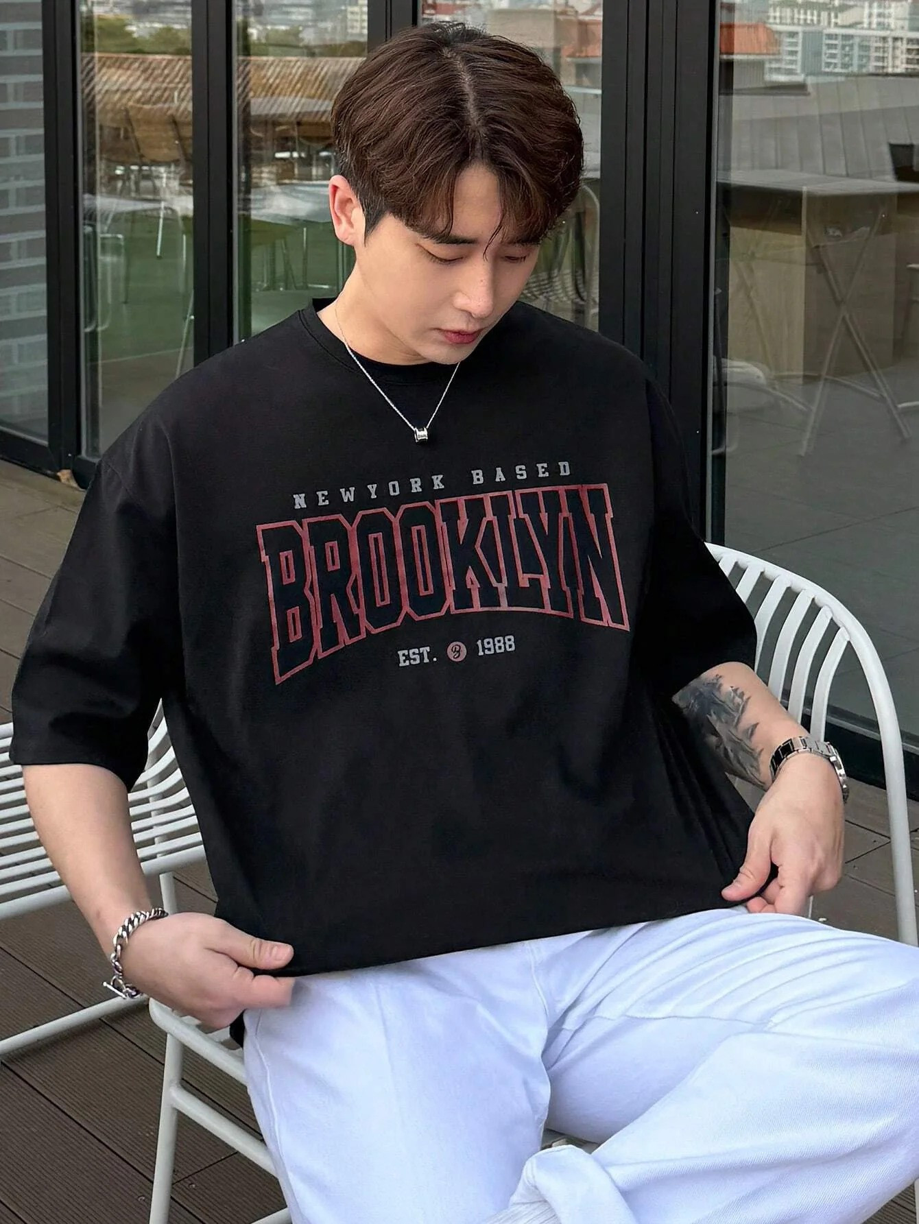 Drop Shoulder Print T-Shirt - Brooklyn - Black